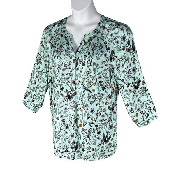 J Jill Womens L Seafoam Botanical Bird Floral Print Top 3/4 Sleeve Blouse Silky - Picture 5 of 16